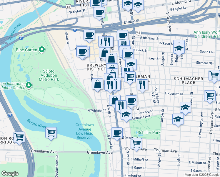 map of restaurants, bars, coffee shops, grocery stores, and more near 761 South High Street in Columbus
