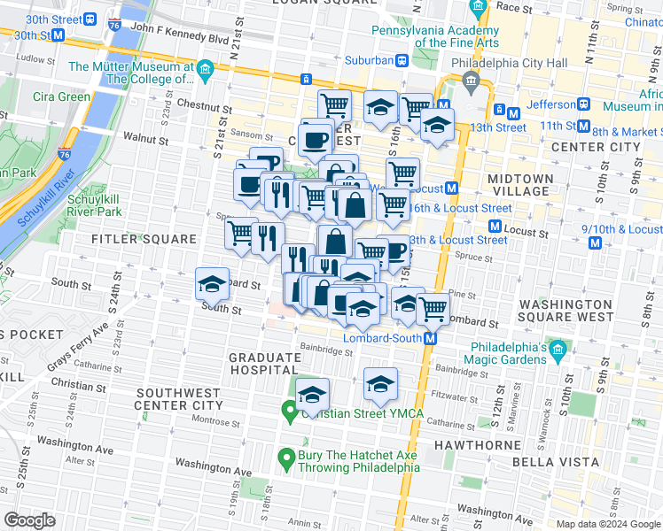 map of restaurants, bars, coffee shops, grocery stores, and more near 1706 Panama Street in Philadelphia