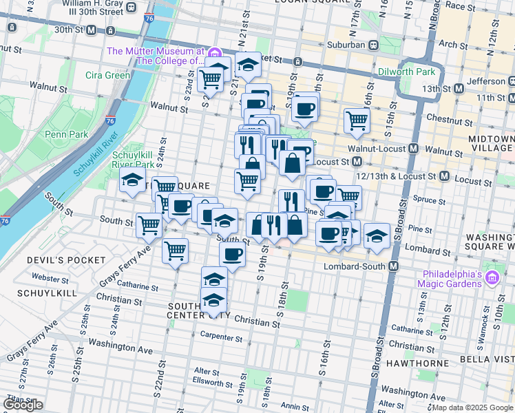 map of restaurants, bars, coffee shops, grocery stores, and more near 1920 Pine Street in Philadelphia