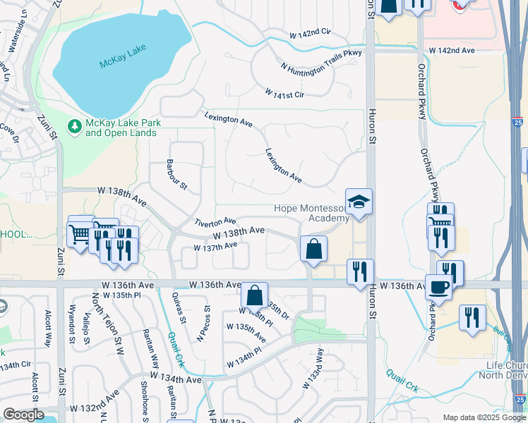 map of restaurants, bars, coffee shops, grocery stores, and more near 1365 Eversole Drive in Westminster