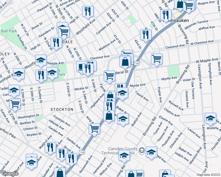 map of restaurants, bars, coffee shops, grocery stores, and more near 3707 Highland Avenue in Camden