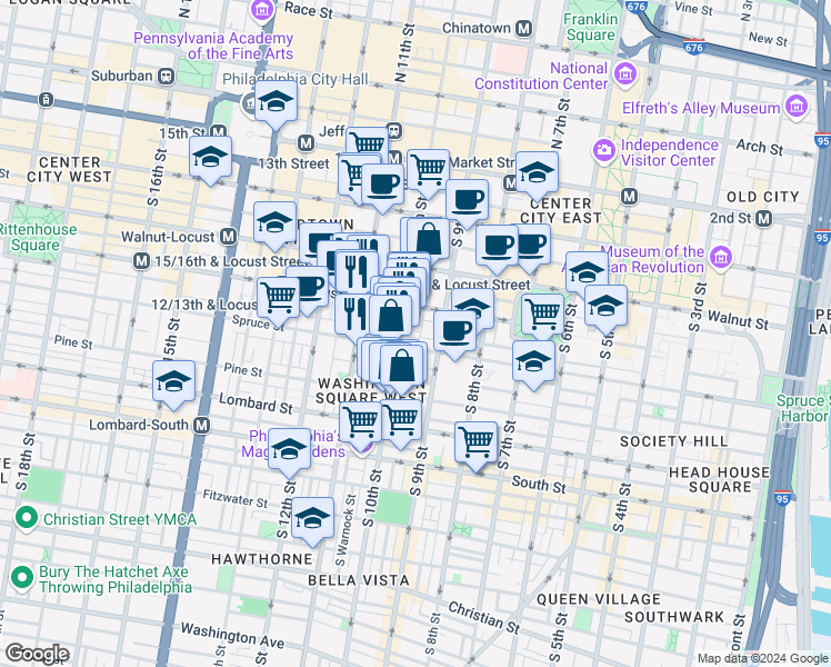 map of restaurants, bars, coffee shops, grocery stores, and more near 913 Manning Street in Philadelphia