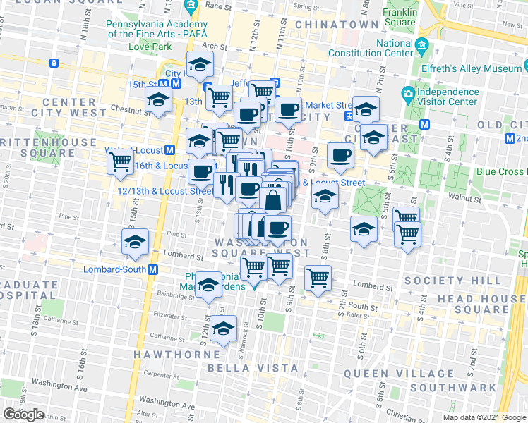 map of restaurants, bars, coffee shops, grocery stores, and more near 1029 Spruce Street in Philadelphia