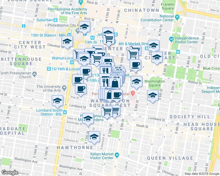 map of restaurants, bars, coffee shops, grocery stores, and more near 1029 Spruce Street in Philadelphia