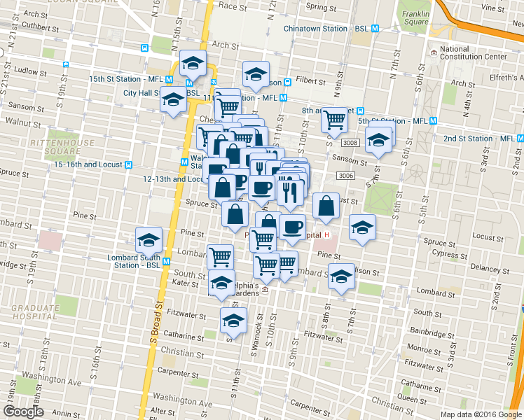 map of restaurants, bars, coffee shops, grocery stores, and more near 1029 Spruce Street in Philadelphia
