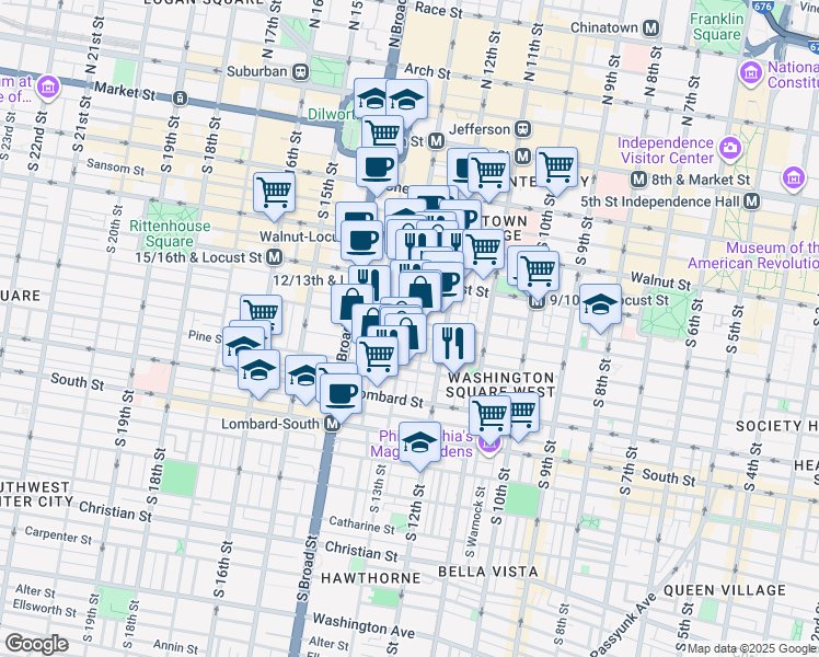 map of restaurants, bars, coffee shops, grocery stores, and more near in Philadelphia