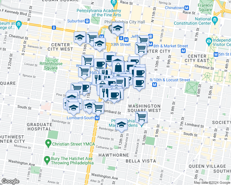 map of restaurants, bars, coffee shops, grocery stores, and more near 1314 Spruce Street in Philadelphia