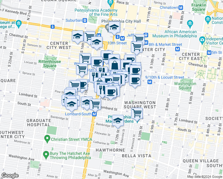 map of restaurants, bars, coffee shops, grocery stores, and more near 1342 Cypress Street in Philadelphia