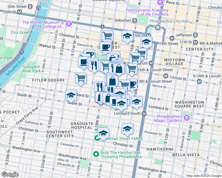 map of restaurants, bars, coffee shops, grocery stores, and more near 1706 Panama Street in Philadelphia