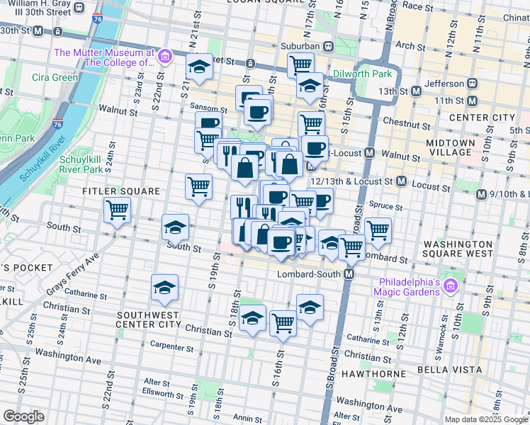 map of restaurants, bars, coffee shops, grocery stores, and more near in Philadelphia