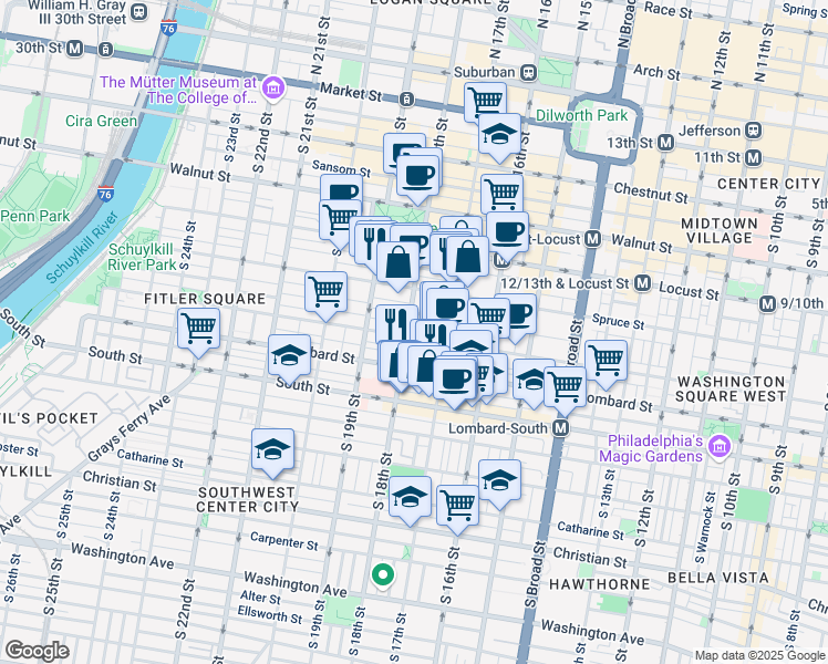 map of restaurants, bars, coffee shops, grocery stores, and more near in Philadelphia