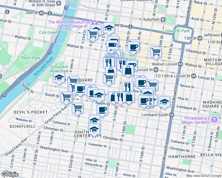 map of restaurants, bars, coffee shops, grocery stores, and more near 1920 Pine Street in Philadelphia