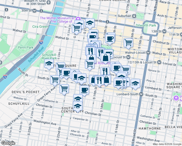 map of restaurants, bars, coffee shops, grocery stores, and more near 1920 Pine Street in Philadelphia