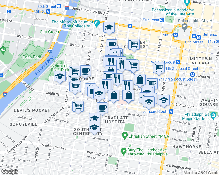 map of restaurants, bars, coffee shops, grocery stores, and more near 1920 Pine Street in Philadelphia