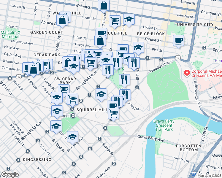map of restaurants, bars, coffee shops, grocery stores, and more near 4534 Regent Street in Philadelphia
