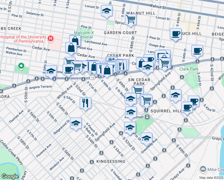 map of restaurants, bars, coffee shops, grocery stores, and more near 5007 Florence Avenue in Philadelphia