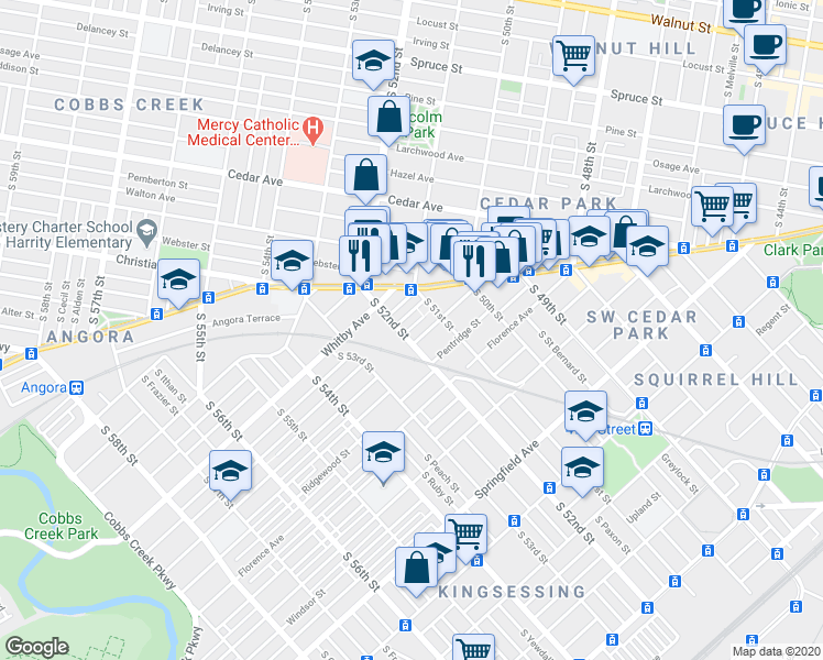 map of restaurants, bars, coffee shops, grocery stores, and more near 5119 Willows Avenue in Philadelphia