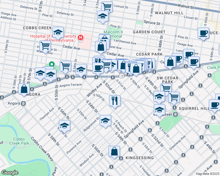 map of restaurants, bars, coffee shops, grocery stores, and more near 766 South 52nd Street in Philadelphia