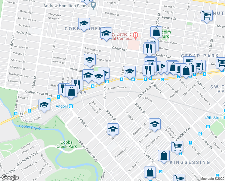 map of restaurants, bars, coffee shops, grocery stores, and more near 5422 Angora Terrace in Philadelphia