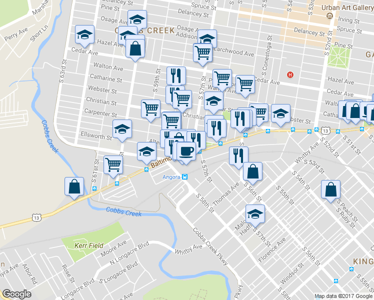 map of restaurants, bars, coffee shops, grocery stores, and more near in Philadelphia
