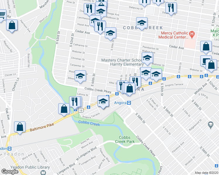 map of restaurants, bars, coffee shops, grocery stores, and more near 5852 Ellsworth Street in Philadelphia
