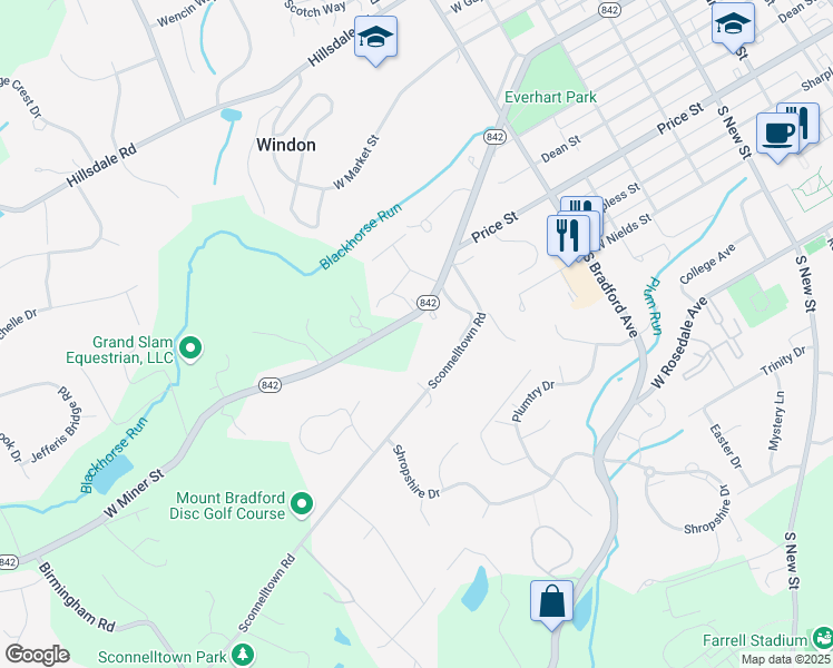 map of restaurants, bars, coffee shops, grocery stores, and more near 800 West Miner Street in West Chester