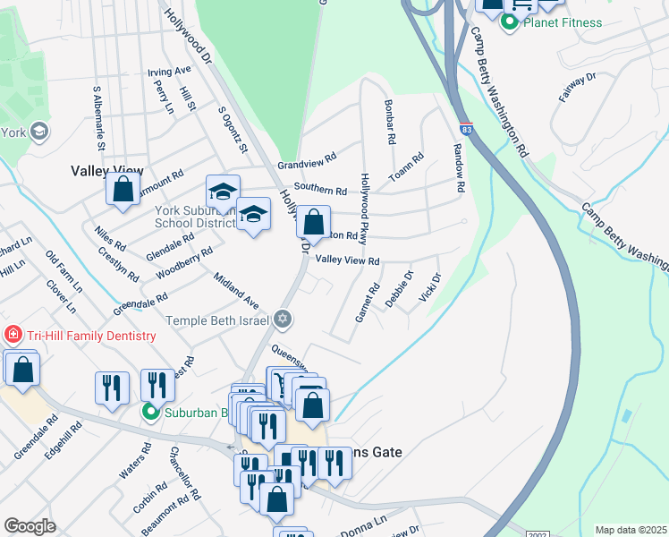 map of restaurants, bars, coffee shops, grocery stores, and more near 1116 Valley View Road in York