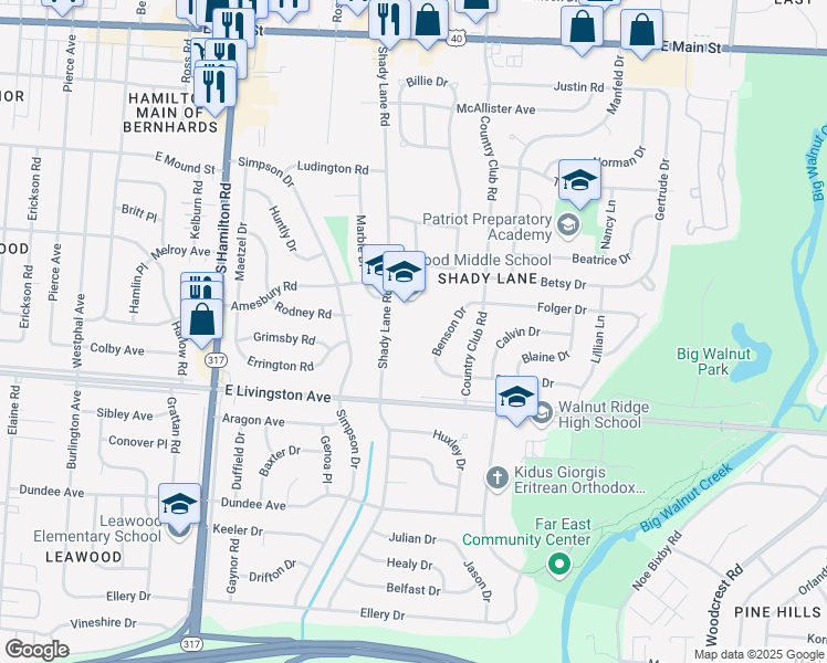 map of restaurants, bars, coffee shops, grocery stores, and more near 1400 Shady Lane Road in Columbus