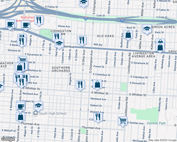 map of restaurants, bars, coffee shops, grocery stores, and more near 913 South Champion Avenue in Columbus