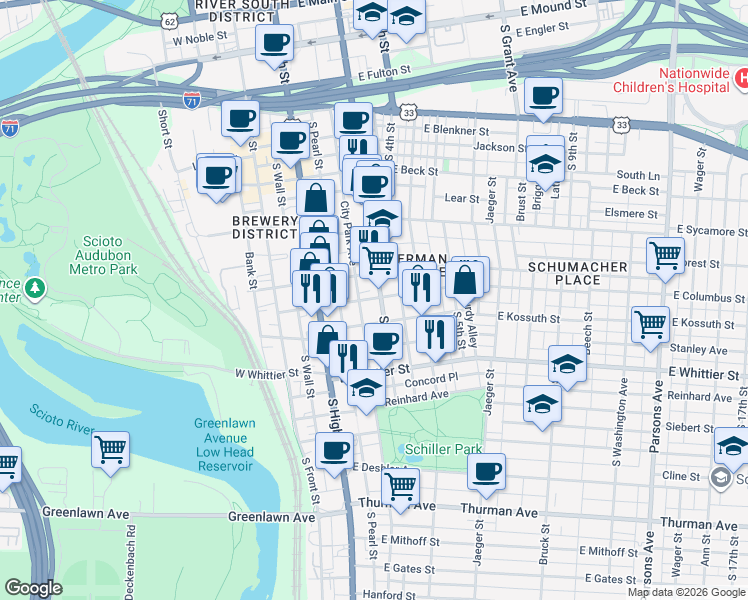 map of restaurants, bars, coffee shops, grocery stores, and more near 777 South 3rd Street in Columbus