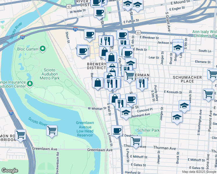 map of restaurants, bars, coffee shops, grocery stores, and more near 761 South High Street in Columbus
