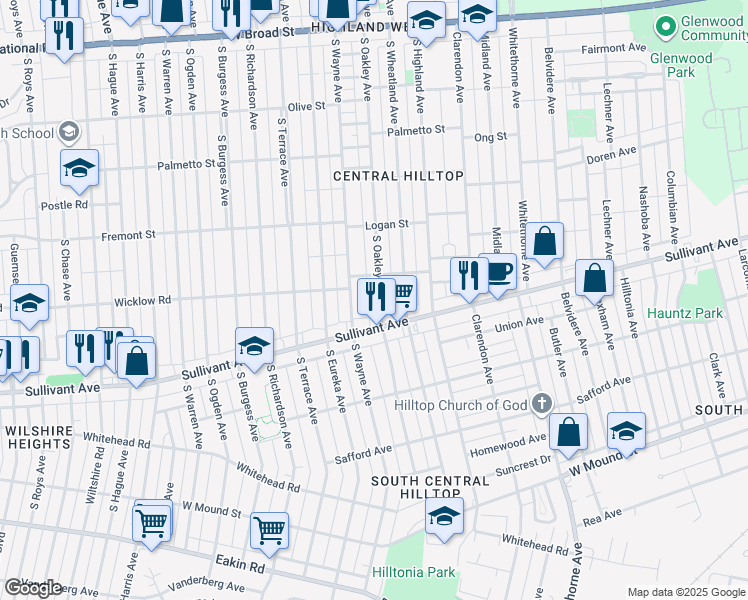 map of restaurants, bars, coffee shops, grocery stores, and more near 433 South Oakley Avenue in Columbus