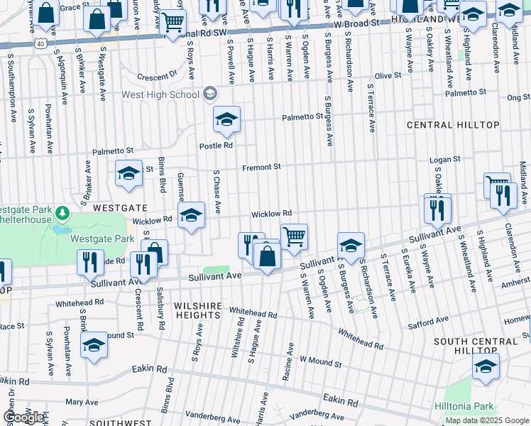 map of restaurants, bars, coffee shops, grocery stores, and more near 406 1/2 South Hague Avenue in Columbus