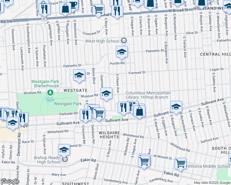 map of restaurants, bars, coffee shops, grocery stores, and more near 397 South Chase Avenue in Columbus