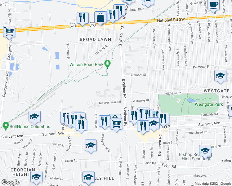map of restaurants, bars, coffee shops, grocery stores, and more near 300 Overstreet Way in Columbus