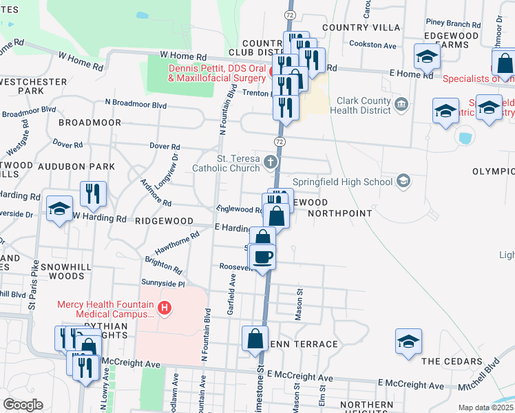 map of restaurants, bars, coffee shops, grocery stores, and more near 150 Englewood Road in Springfield