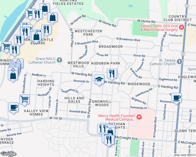 map of restaurants, bars, coffee shops, grocery stores, and more near 532 West Harding Road in Springfield