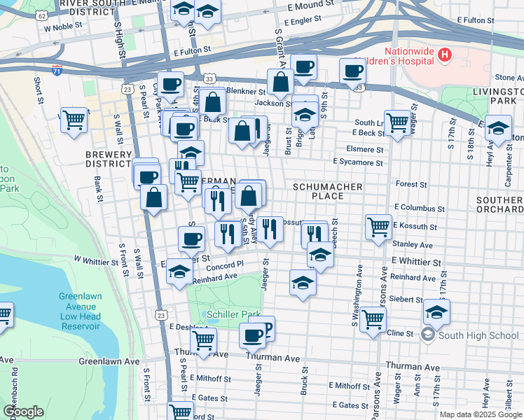 map of restaurants, bars, coffee shops, grocery stores, and more near 804 South 6th Street in Columbus
