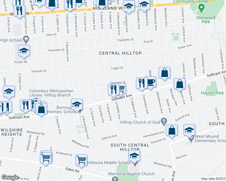 map of restaurants, bars, coffee shops, grocery stores, and more near 433 South Oakley Avenue in Columbus