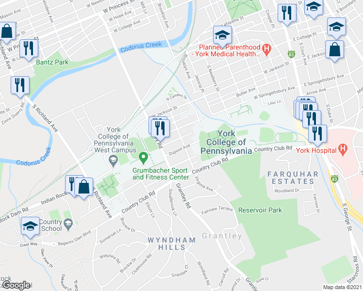 map of restaurants, bars, coffee shops, grocery stores, and more near 950 Virginia Avenue in York