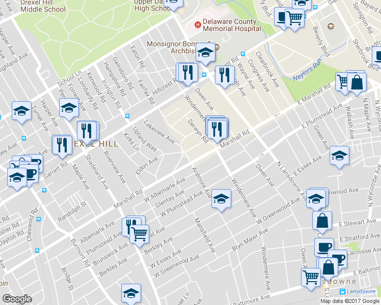 map of restaurants, bars, coffee shops, grocery stores, and more near 2452 Eldon Avenue in Drexel Hill