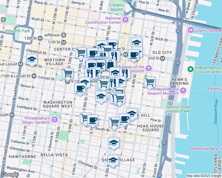 map of restaurants, bars, coffee shops, grocery stores, and more near 233 South 6th Street in Philadelphia