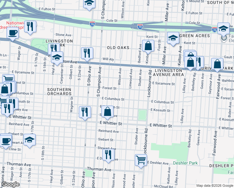 map of restaurants, bars, coffee shops, grocery stores, and more near 931 Wilson Avenue in Columbus