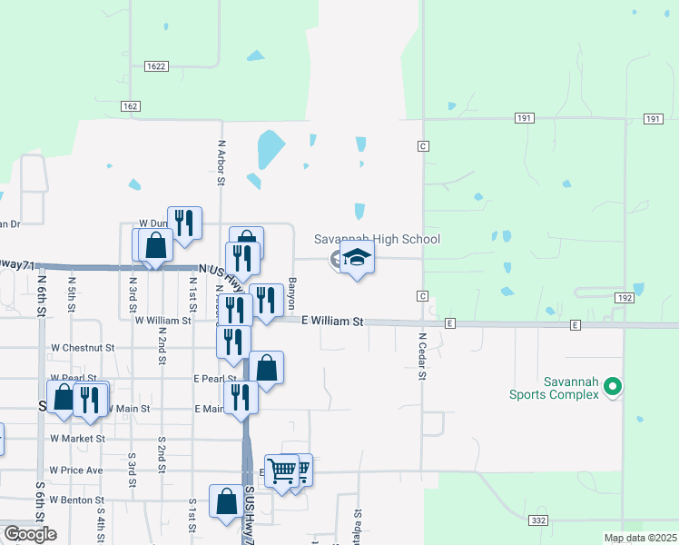 map of restaurants, bars, coffee shops, grocery stores, and more near 701 State Highway E in Savannah
