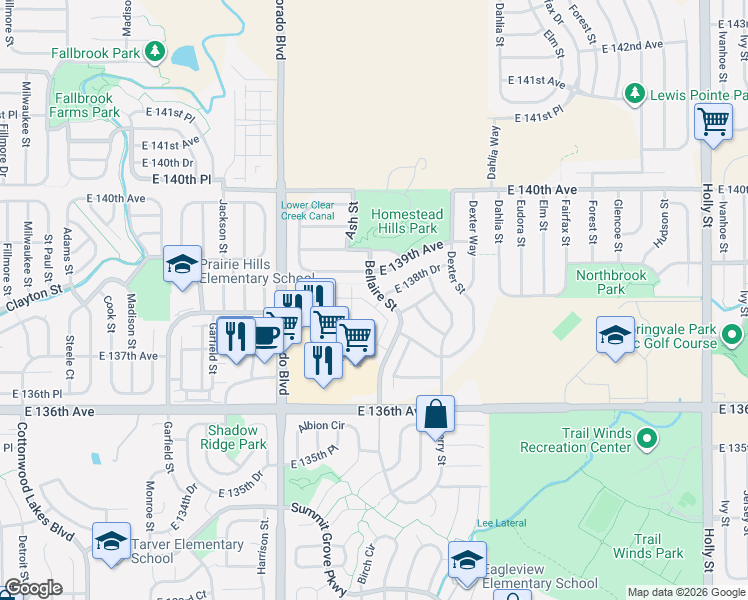 map of restaurants, bars, coffee shops, grocery stores, and more near 13700 Ash Circle in Thornton