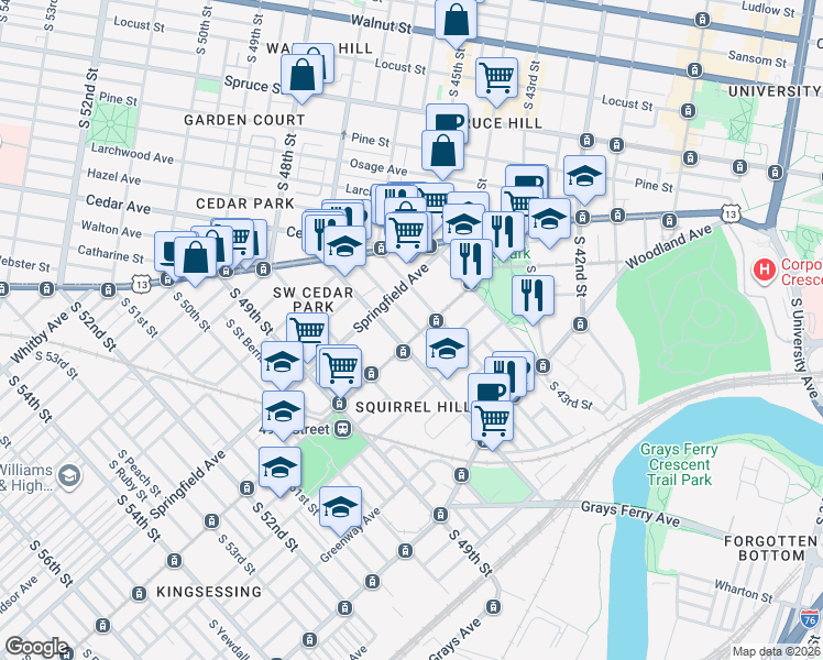 map of restaurants, bars, coffee shops, grocery stores, and more near 4610 Chester Avenue in Philadelphia