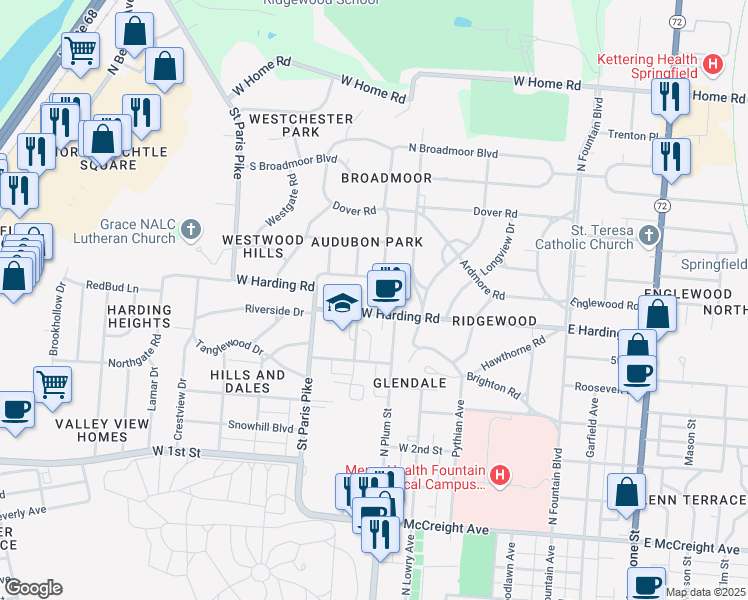 map of restaurants, bars, coffee shops, grocery stores, and more near 444 West Harding Road in Springfield