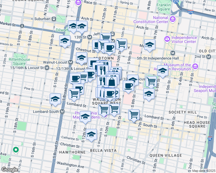 map of restaurants, bars, coffee shops, grocery stores, and more near 1023 Spruce Street in Philadelphia