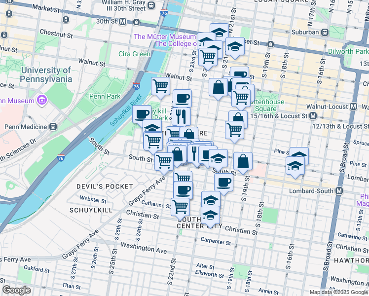map of restaurants, bars, coffee shops, grocery stores, and more near 408 South Croskey Street in Philadelphia
