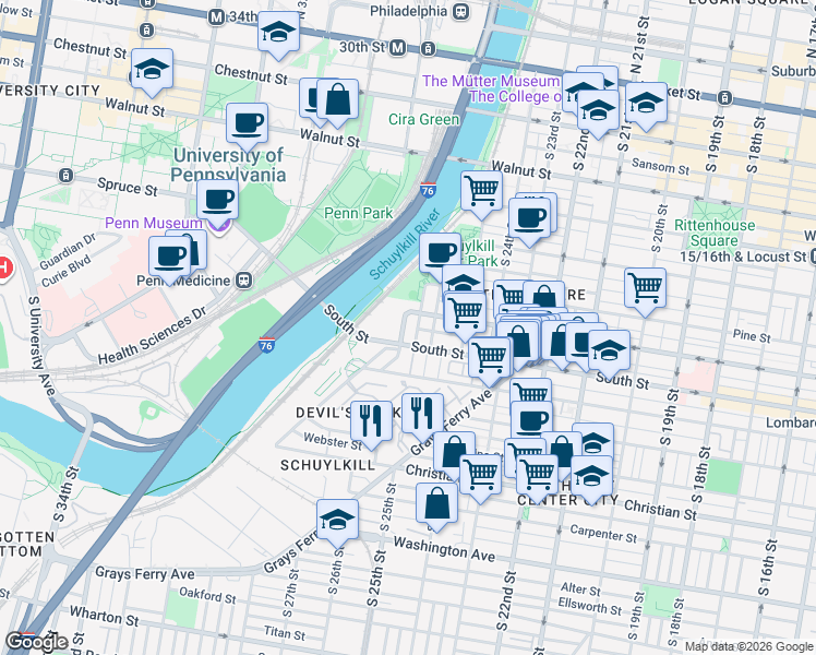map of restaurants, bars, coffee shops, grocery stores, and more near 554-598 South 27th Street in Philadelphia